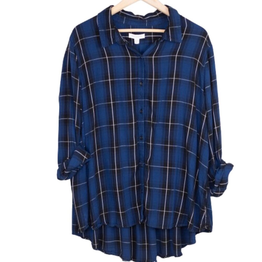 Beach Lunch Lounge Blue Black Plaid Button Down Shirt Women’s XL Oversized
